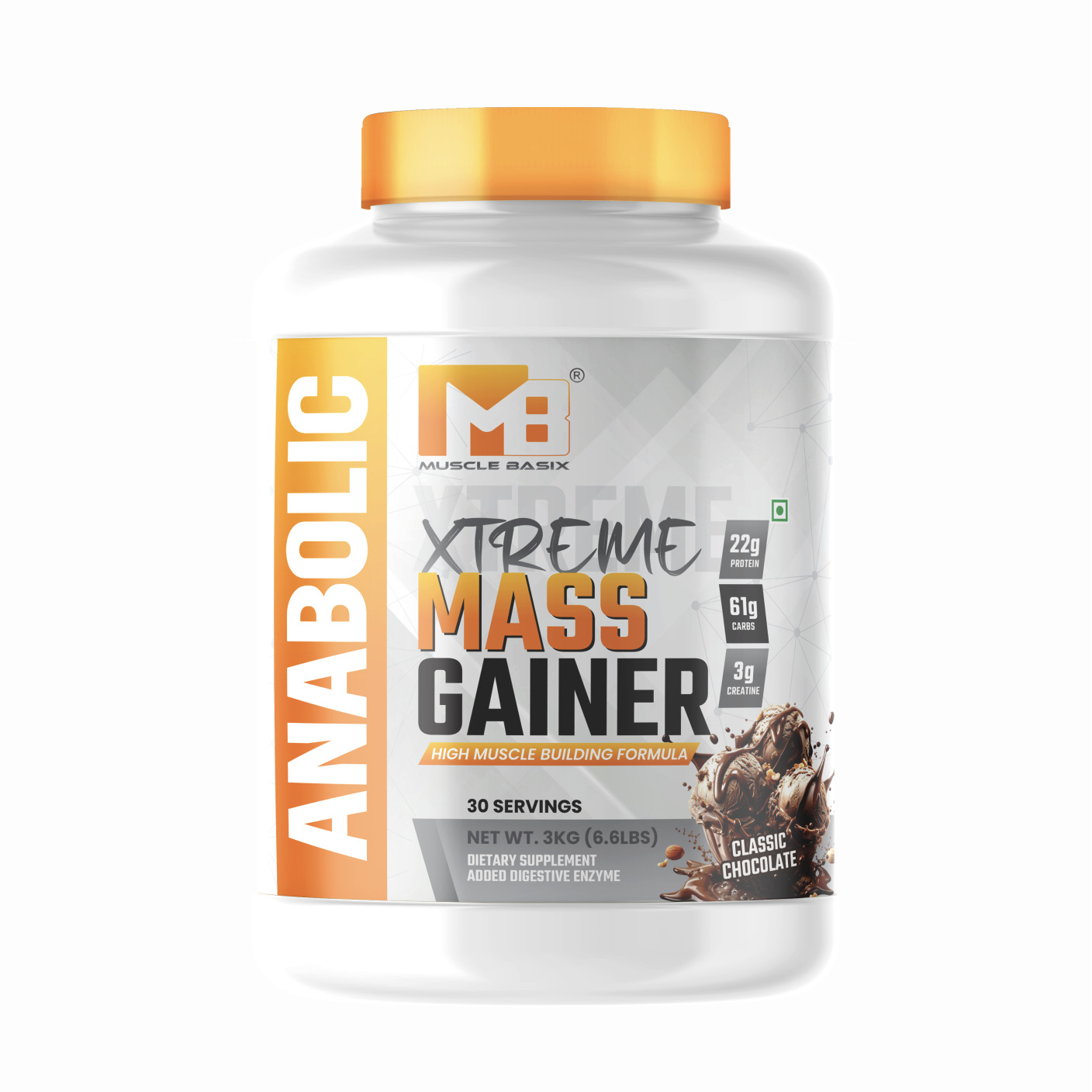 Muscle Basix Xtreme Mass Gainer | 22g Protein, 61g Carbs, 3g Creatine, Added Digestive Enzymes | High-Calorie Anabolic Muscle Building Supplement | Weight Gainer for Men & Women