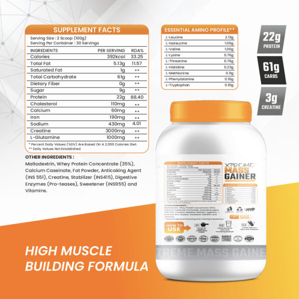 Muscle Basix Xtreme Mass Gainer | 22g Protein, 61g Carbs, 3g Creatine, Added Digestive Enzymes | High-Calorie Anabolic Muscle Building Supplement | Weight Gainer for Men & Women - Image 3