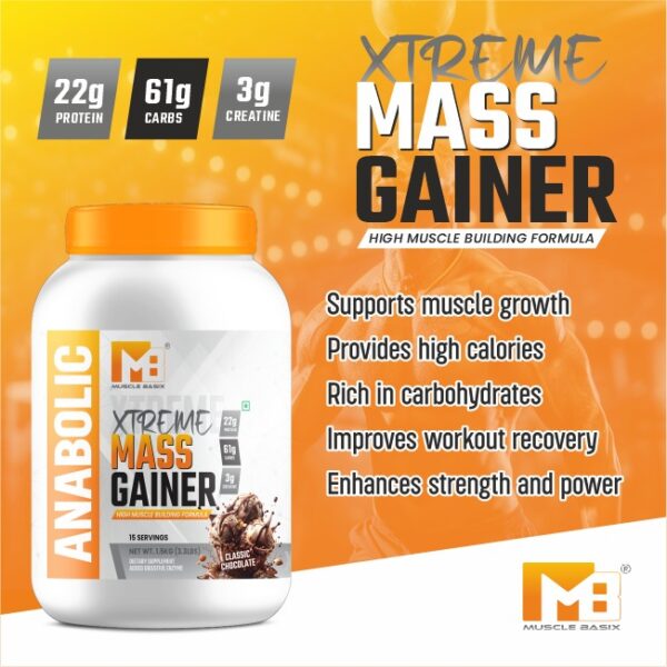 Muscle Basix Xtreme Mass Gainer | 22g Protein, 61g Carbs, 3g Creatine, Added Digestive Enzymes | High-Calorie Anabolic Muscle Building Supplement | Weight Gainer for Men & Women - Image 4