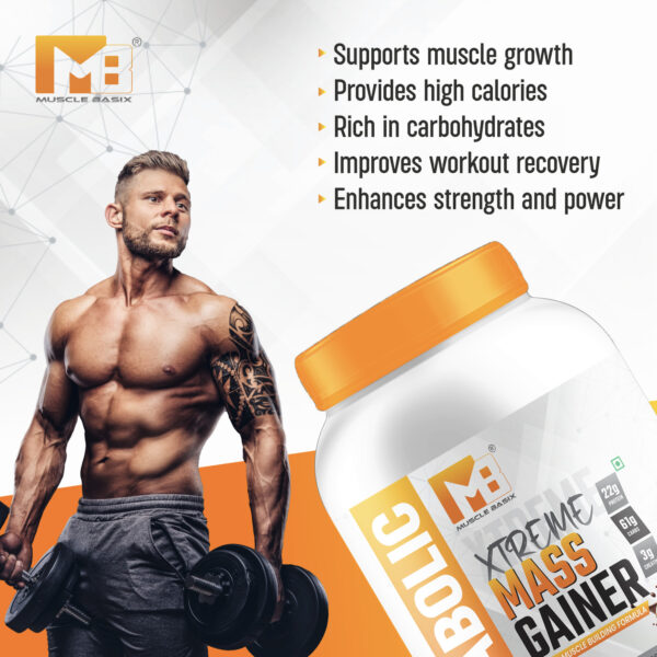 Muscle Basix Xtreme Mass Gainer | 22g Protein, 61g Carbs, 3g Creatine, Added Digestive Enzymes | High-Calorie Anabolic Muscle Building Supplement | Weight Gainer for Men & Women - Image 6