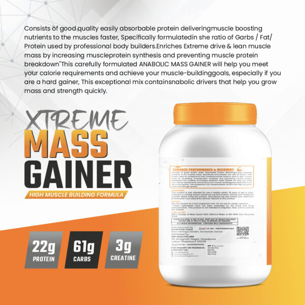 Muscle Basix Xtreme Mass Gainer | 22g Protein, 61g Carbs, 3g Creatine, Added Digestive Enzymes | High-Calorie Anabolic Muscle Building Supplement | Weight Gainer for Men & Women - Image 2