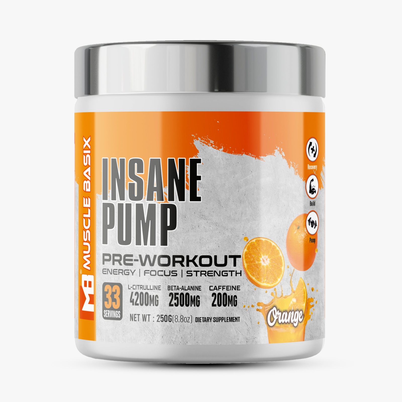 MUSCLE BASIX Insane Pump Pre-Workout Powder (Orange Flavour) – 4200mg L-Citrulline, 2500mg Beta-Alanine, 200mg Caffeine | Energy, Focus & Muscle Pump | 33 Servings
